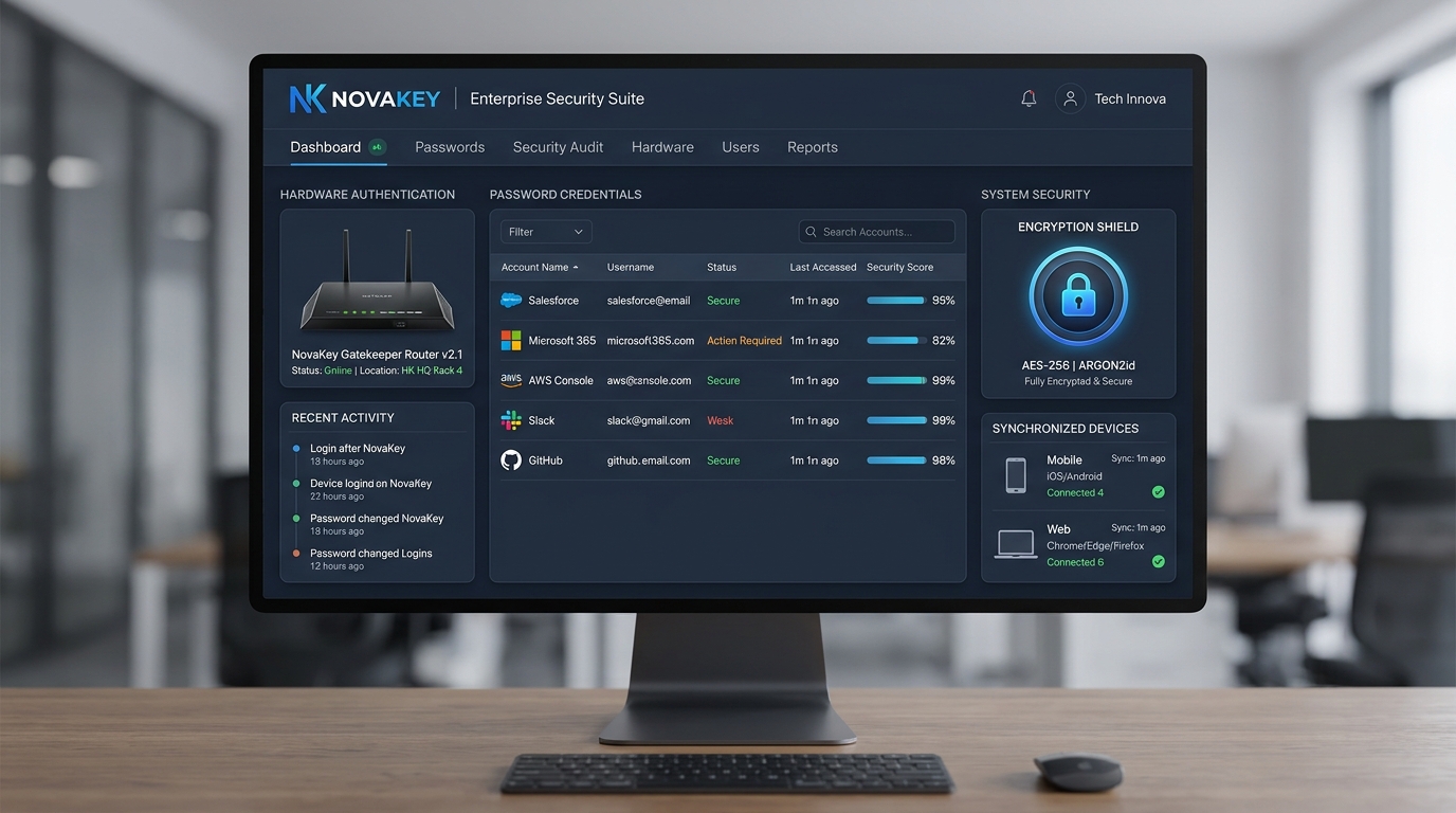 Vista General de la Suite NovaKey por Tech Innova: Credenciales, Foto de Hardware Router, Escudo Criptográfico AES-256 Argon2id y Sincronización Multi-plataforma